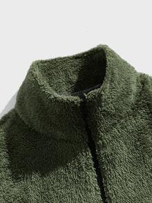 Manfinity Men Patched Detail Striped Trim Teddy Jacket - Army Green - View 4