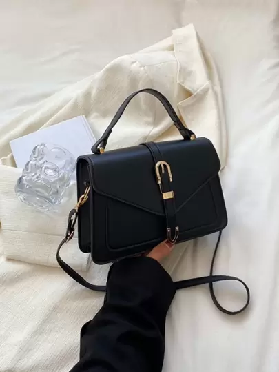 Geantă pătrată cu clapă cu decor cu cataramă Geantă în formă de clapetă cu clapetă, geantă de umăr pătrată din piele PU, geantă de umăr perfectă pentru uz zilnic