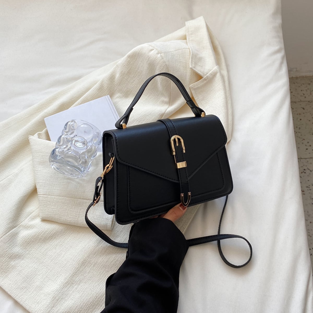 Buckle Decor Flap Square Bag Envelop Flap Crossbody Bag, PU Leather Solid Color Square Shoulder Bag, Perfect Sling Bag For Daily Use