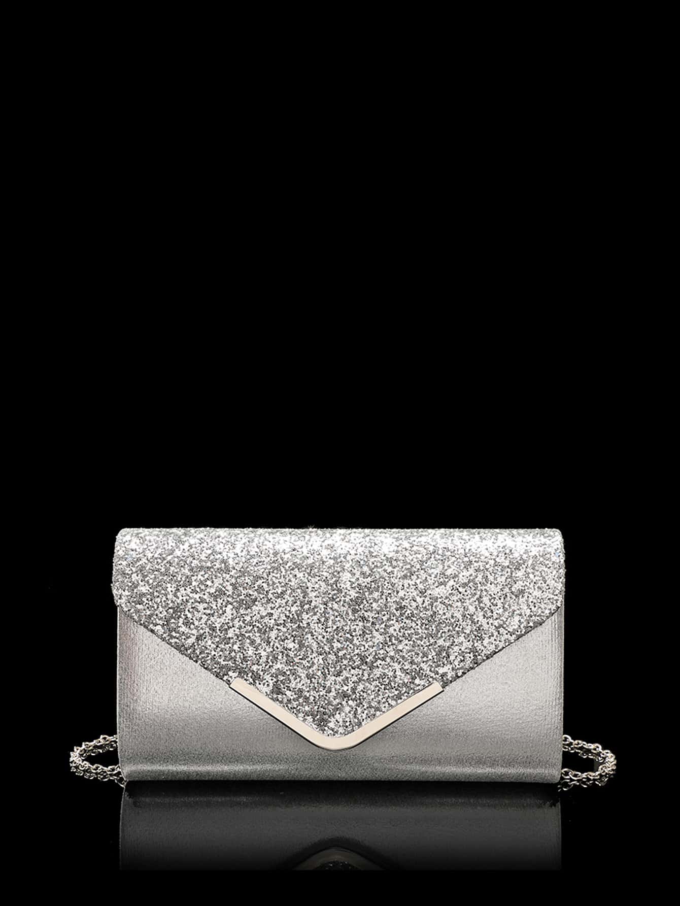魅力四射,優雅,精美,安靜奢華亮片,時髦,奢華,閃亮金屬翻蓋鏈條金屬亮絲方包,完美新娘錢包適合婚禮,舞會和派對活動晚會包,晚餐包適合派對女孩,女士 - 銀色 - 查看 1
