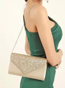 Glamorous, Elegant, Exquisite, Quiet Luxury Sequin, Stylish, Luxury, Shiny Metallic Flap Chain Glitter Square Bag, Perfect Bride Purse For Wedding, Prom & Party Events Evening Bag, Dinner Bag For Party Girl, Woman - Gold - View 3