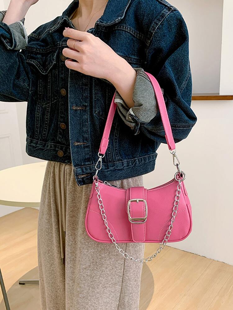 Neon Pink Buckle Decor Hobo Bag - Pink - View 6