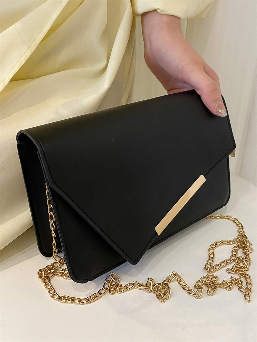 Asymmetric Flap Chain Square Bag - Black - View 1