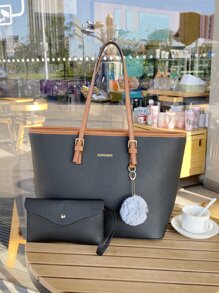 Contrast Binding Pom Pom Decor Shoulder Tote Bag With Purse - Black - View 1