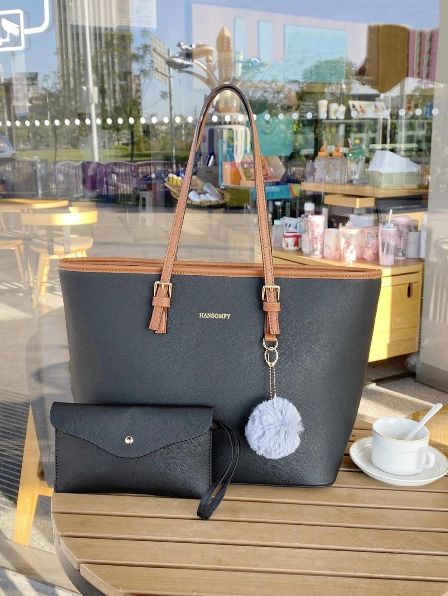 Contrast Binding Pom Pom Decor Shoulder Tote Bag With Purse - Black - View 1