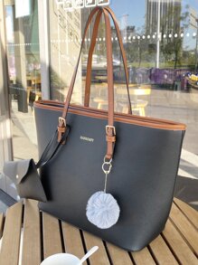 Contrast Binding Pom Pom Decor Shoulder Tote Bag With Purse - Black - View 2