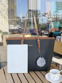 Contrast Binding Pom Pom Decor Shoulder Tote Bag With Purse - Black - View 3