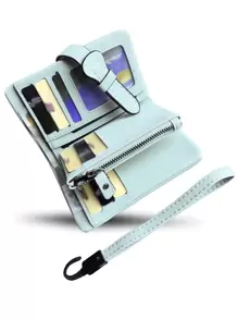 Minimalist Small Wallet With Wristlet Pocket Wallet Small ID Window Zipper Women Wallet PU Leather Portable Minimalist Fashion Modern Business Anniversary On Valentine Day For Birthday Gift Female Lady Girls Women Gift Business Casual For Women Wallet Purse Wallet - Mint Blue - View 4