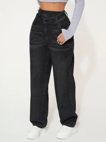 SHEIN SXY Straight Leg Jeans - الأسود - مشاهدة 1