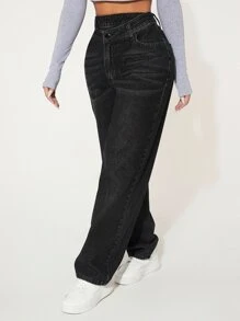 SHEIN SXY Straight Leg Jeans - الأسود - مشاهدة 3
