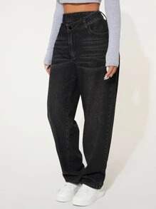 SHEIN SXY Straight Leg Jeans - الأسود - مشاهدة 4