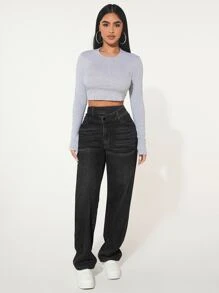 SHEIN SXY Straight Leg Jeans - الأسود - مشاهدة 5