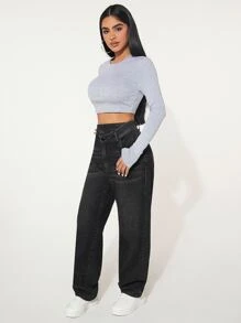 SHEIN SXY Straight Leg Jeans - الأسود - مشاهدة 6