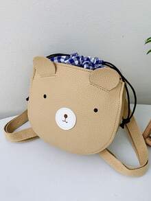女孩格紋圖案抽繩細節熊設計異形包 - 卡其色 - 查看 2