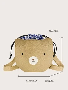 女孩格紋圖案抽繩細節熊設計異形包 - 卡其色 - 查看 3