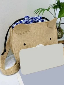 女孩格紋圖案抽繩細節熊設計異形包 - 卡其色 - 查看 5