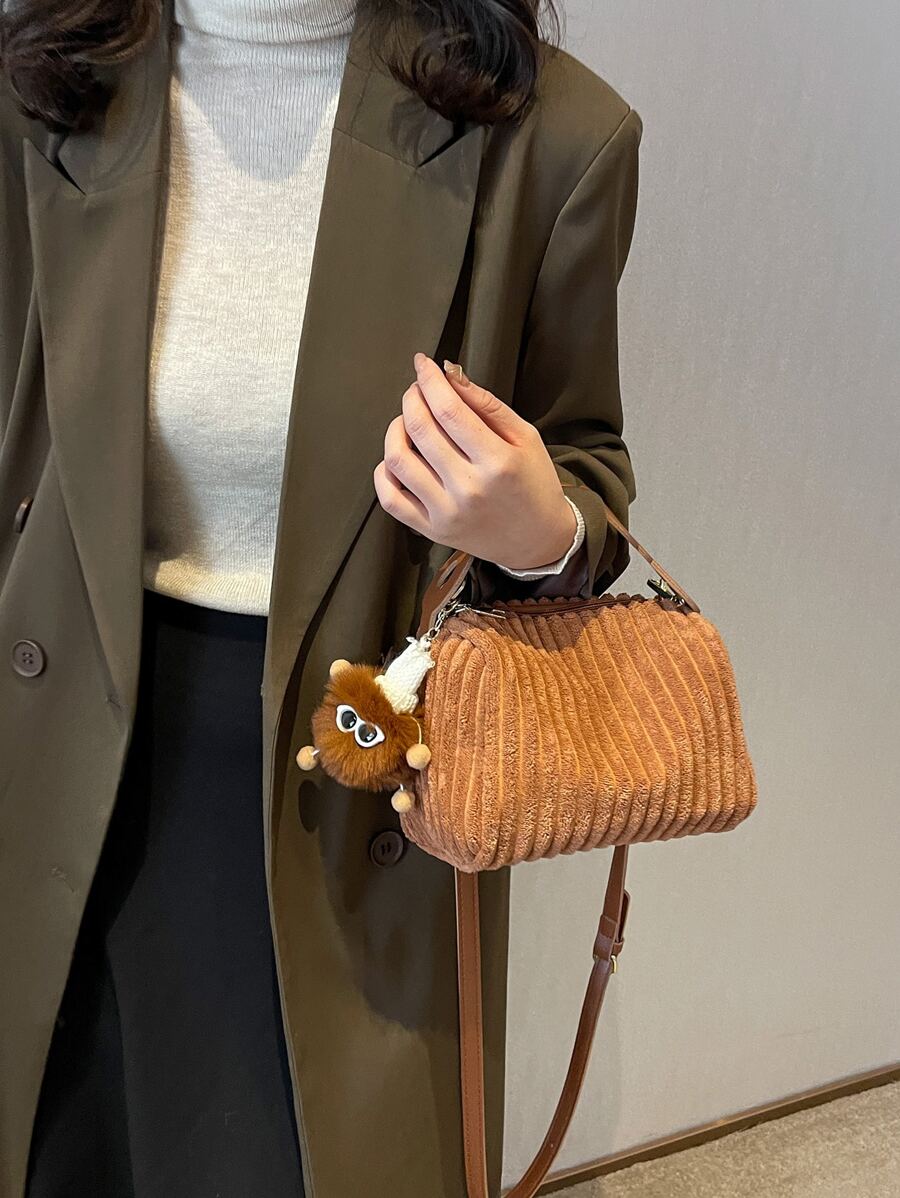 迷你極簡風格拉鍊手提包附包飾 - 棕色 - 查看 1