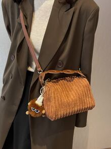 迷你極簡風格拉鍊手提包附包飾 - 棕色 - 查看 2