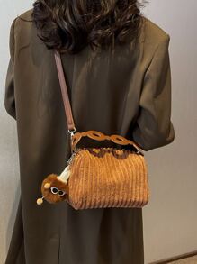 迷你極簡風格拉鍊手提包附包飾 - 棕色 - 查看 6