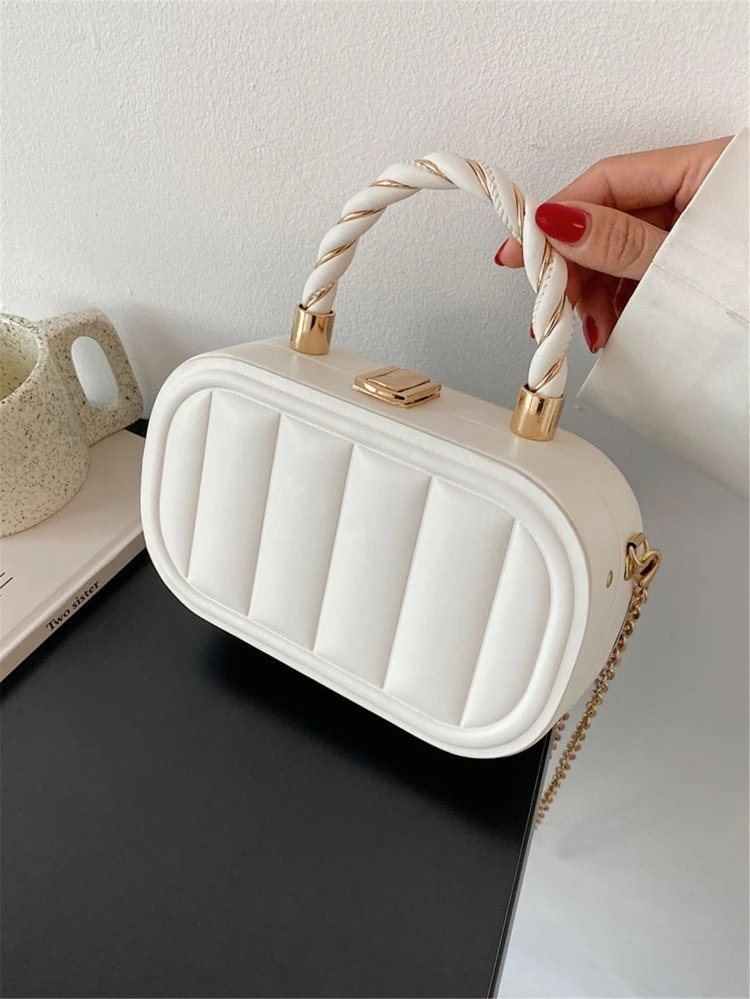 Solid Color Pu Ribbed Embossed, Vertical Stripes, Fashionable Elliptical, Twisted Metal Handle, City Tote Bag For Women Crossbody Bag,Shoulder Bag Fashion,Casual Portable,With Adjustable Strap For Women, Rookies & White-Collar Workers,For Girl,For Woman Gift Bag,Perfect For Office,Work ,Business,Commute,Shopping