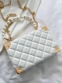 1 pieza Nuevo bolso acolchado de unicolor con rombo, decoración de perlas falsas y rhinestone, elegante y único bolso con forma de caja con cierre y cadena de metal para usar como bandolera, regalo de moda para mujeres - Blanco - Ver 9