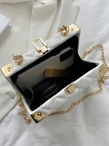 1 pieza Nuevo bolso acolchado de unicolor con rombo, decoración de perlas falsas y rhinestone, elegante y único bolso con forma de caja con cierre y cadena de metal para usar como bandolera, regalo de moda para mujeres - Blanco - Ver 6