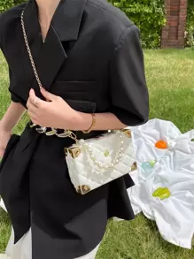 1 pieza Nuevo bolso acolchado de unicolor con rombo, decoración de perlas falsas y rhinestone, elegante y único bolso con forma de caja con cierre y cadena de metal para usar como bandolera, regalo de moda para mujeres - Blanco - Ver 4