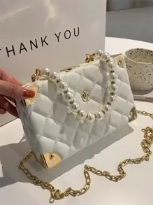 1 pieza Nuevo bolso acolchado de unicolor con rombo, decoración de perlas falsas y rhinestone, elegante y único bolso con forma de caja con cierre y cadena de metal para usar como bandolera, regalo de moda para mujeres - Blanco - Ver 5