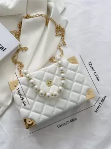 1 pieza Nuevo bolso acolchado de unicolor con rombo, decoración de perlas falsas y rhinestone, elegante y único bolso con forma de caja con cierre y cadena de metal para usar como bandolera, regalo de moda para mujeres - Blanco - Ver 8