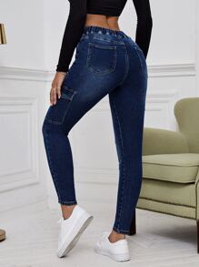 SHEIN EZwear Drawstring Waist Flap Pocket Cargo Jeans - Dark Wash - View 2
