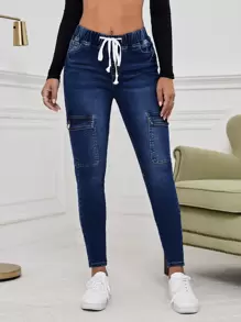 SHEIN EZwear Drawstring Waist Flap Pocket Cargo Jeans - Dark Wash - View 3