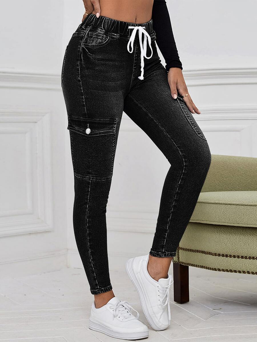SHEIN EZwear Drawstring Waist Flap Pocket Cargo Jeans - Black - View 1