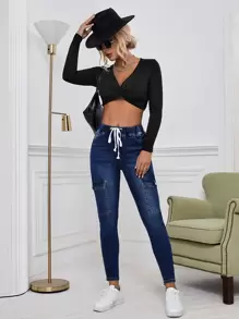 SHEIN EZwear Drawstring Waist Flap Pocket Cargo Jeans - Dark Wash - View 4