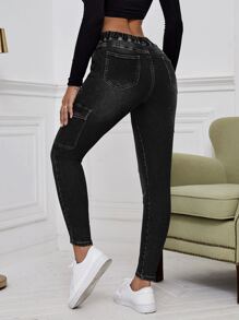 SHEIN EZwear Drawstring Waist Flap Pocket Cargo Jeans - Black - View 2
