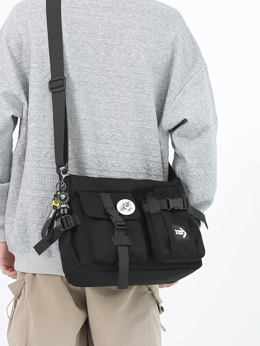 Men Letter Patch Decor Square Bag With Bag Charm & Badge - Black - View 1