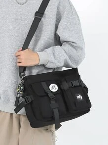 Men Letter Patch Decor Square Bag With Bag Charm & Badge - Black - View 2