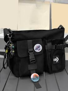 Men Letter Patch Decor Square Bag With Bag Charm & Badge - Black - View 4