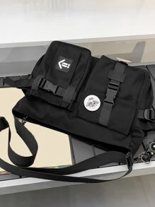 Men Letter Patch Decor Square Bag With Bag Charm & Badge - Black - View 5