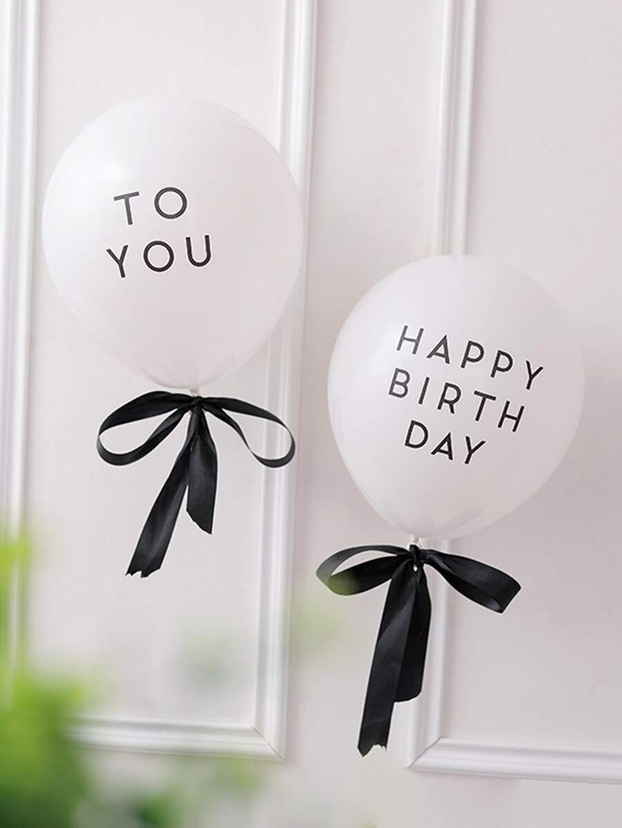 2pcs Slogan Graphic Balloon & 2pcs Bow Ribbon - Black and White - View 1
