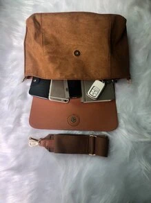 Vintage Suede Flap Crossbody Bag, Women's Solid Colour Messenger Bag, Casual Travel Shoulder Bag - Brown - View 8