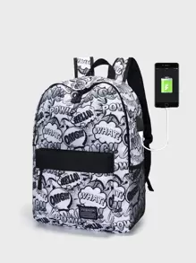 14 Inch Men Pop Art Pattern Charging Port Design Casual Daypack, Shoulder Bag Daypack Schoolbag For Travel, College, School, Outdoors, Sports School Backpack Bookbag Travel Essentials Vacation Holiday School Supplies For School College Students Men Gifts - Black and White - View 1