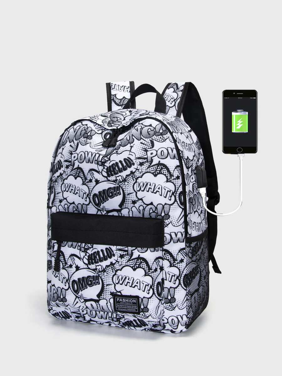 14 Inch Men Pop Art Pattern Charging Port Design Casual Daypack, Shoulder Bag Daypack Schoolbag For Travel, College, School, Outdoors, Sports School Backpack Bookbag Travel Essentials Vacation Holiday School Supplies For School College Students Men Gifts - Black and White - View 1