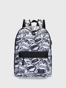 14 Inch Men Pop Art Pattern Charging Port Design Casual Daypack, Shoulder Bag Daypack Schoolbag For Travel, College, School, Outdoors, Sports School Backpack Bookbag Travel Essentials Vacation Holiday School Supplies For School College Students Men Gifts - Black and White - View 2