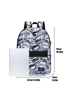 14 Inch Men Pop Art Pattern Charging Port Design Casual Daypack, Shoulder Bag Daypack Schoolbag For Travel, College, School, Outdoors, Sports School Backpack Bookbag Travel Essentials Vacation Holiday School Supplies For School College Students Men Gifts - Black and White - View 6