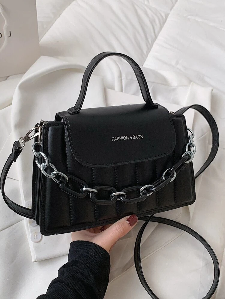Chain Decor Textured Flap Square Bag, Quilted Shoulder Bag For Women Medium Flap Crossbody Handbag With Chain Strap Soft Clutch Purse Crossbody Purse, PU Leather Zipper Crossbody Bag Crossbody Purses For Outdoors Travel