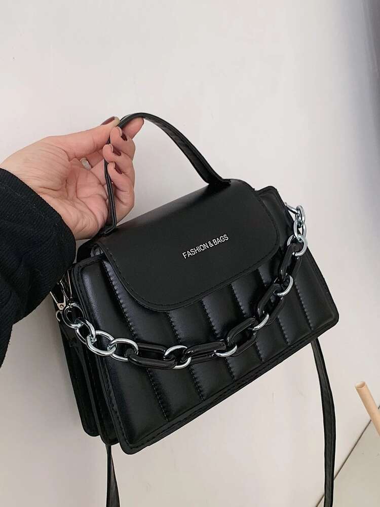 Chain Decor Textured Flap Square Bag, Quilted Shoulder Bag For Women Medium Flap Crossbody Handbag With Chain Strap Soft Clutch Purse Crossbody Purse, PU Leather Zipper Crossbody Bag Crossbody Purses For Outdoors Travel