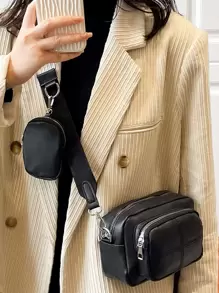 Mini Minimalist Square Bag With Coin Purse , Women Bag With Dime Bag - Black - View 1