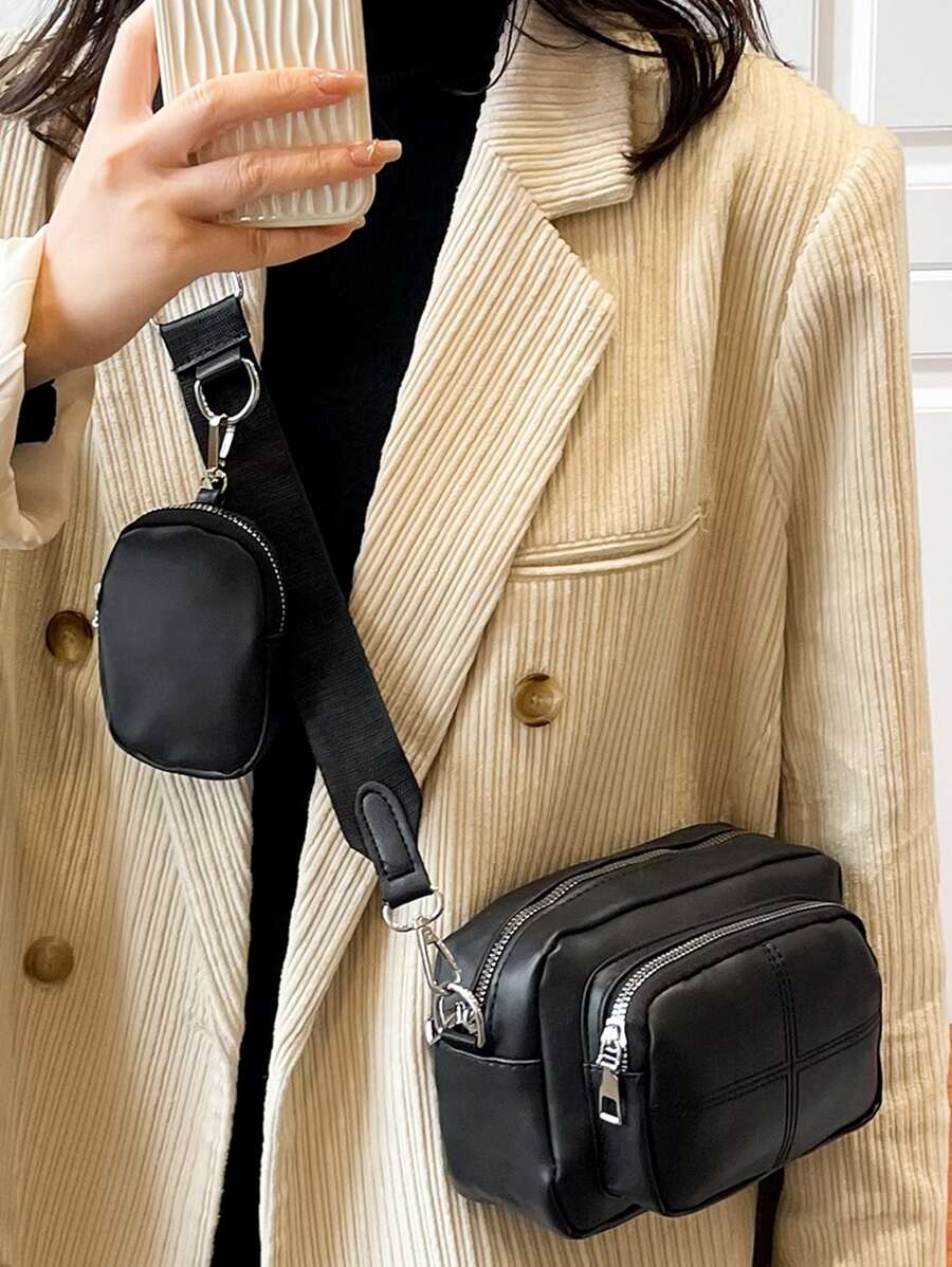 Mini Minimalist Square Bag With Coin Purse , Women Bag With Dime Bag - Black - View 1