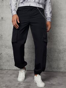 GENTILAND Hombres Pantalones cargo con bolsillo lateral con solapa con cadena - Negro - Ver 1