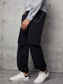 GENTILAND Hombres Pantalones cargo con bolsillo lateral con solapa con cadena - Negro - Ver 3